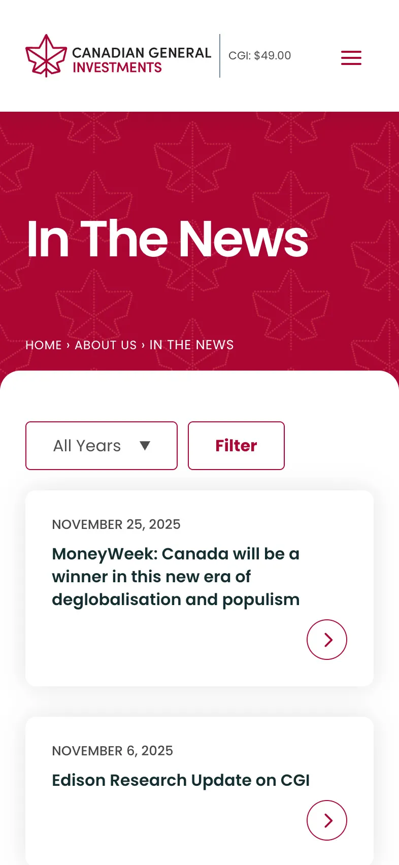 News page on mobile.