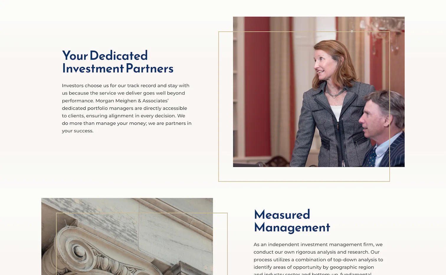 Homepage showing the two pillars titled 'Your Dedicated Investment Partners' and 'Measured Management'.