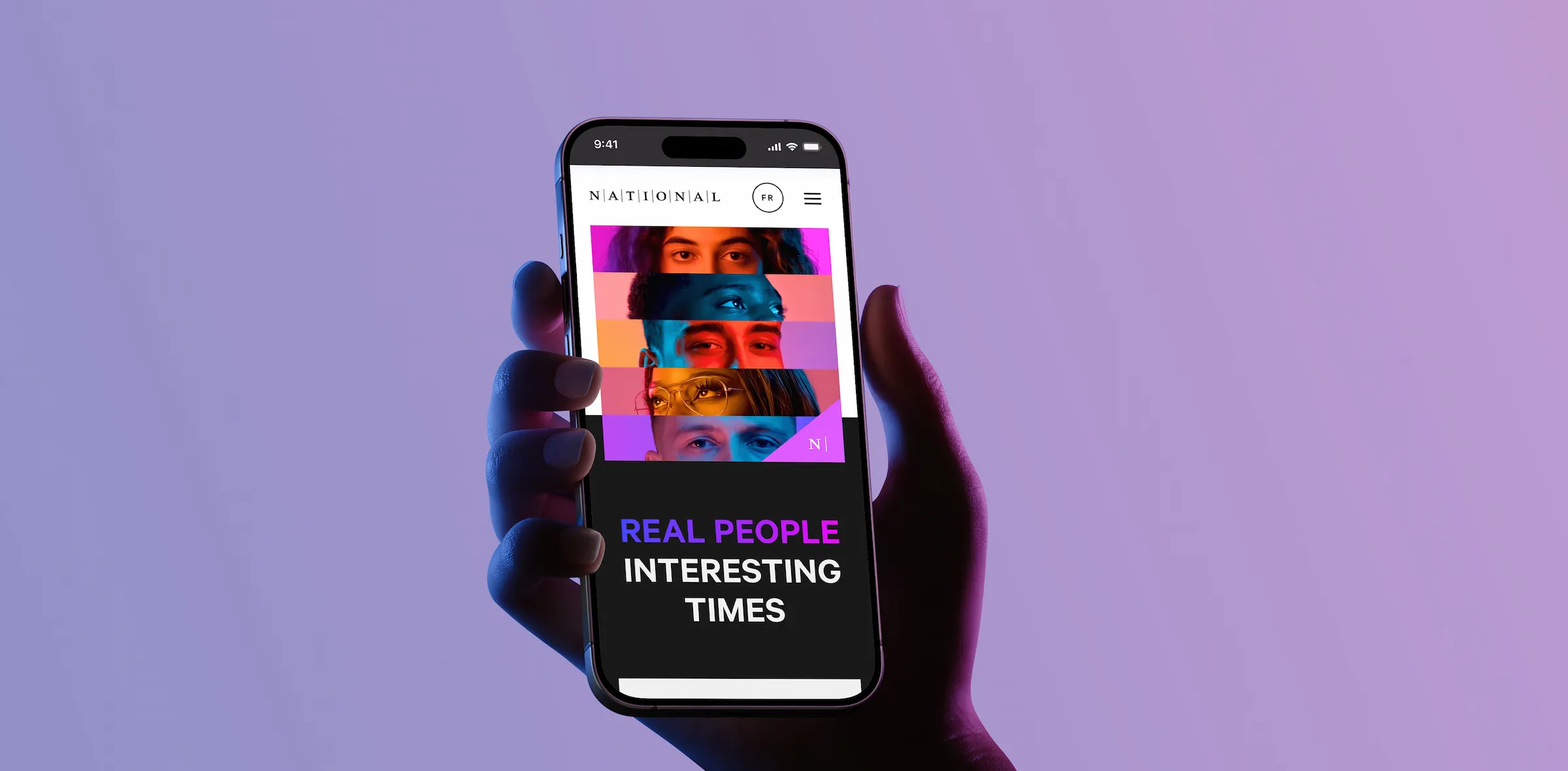 Trends homepage hero on a mobile device, sitting on a slab of concrete.